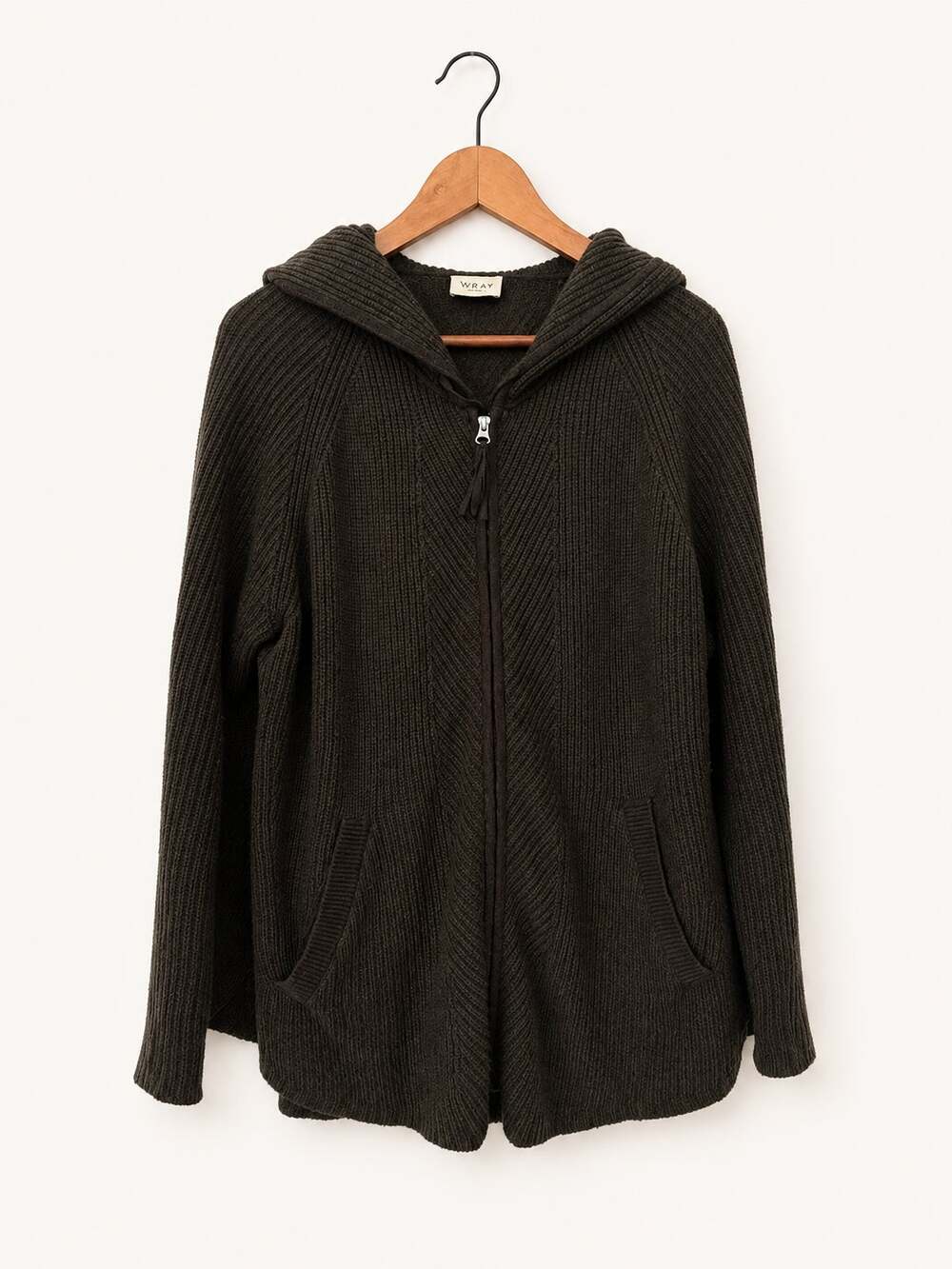 WRAP Womens Wool Blend Hooded Cardigan Size 4/6 Brown Chunky Knit Zip Sweater